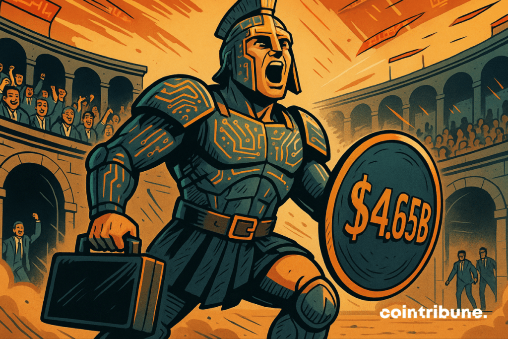 High-tech gladiator holding a ".65B" shield in a futuristic crypto investment arena.