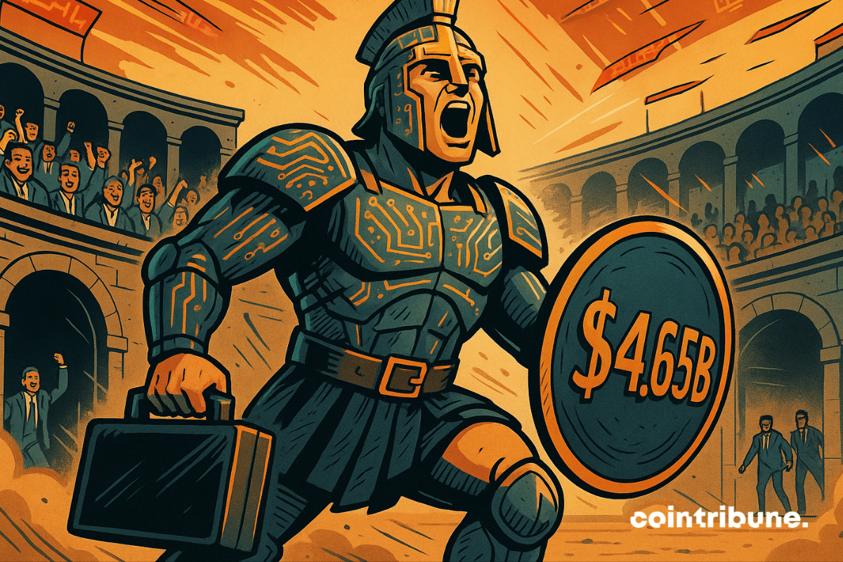 Gladiador de alta tecnologia segurando um escudo de “US$ 4,65 bilhões” em uma arena futurista de investimentos em criptomoedas.