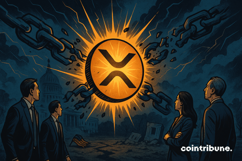 The XRP logo, like a glowing metallic emblem slightly cracked at the center, is surrounded by fragments of chains flying through the air. Crypto investors are watching it closely.