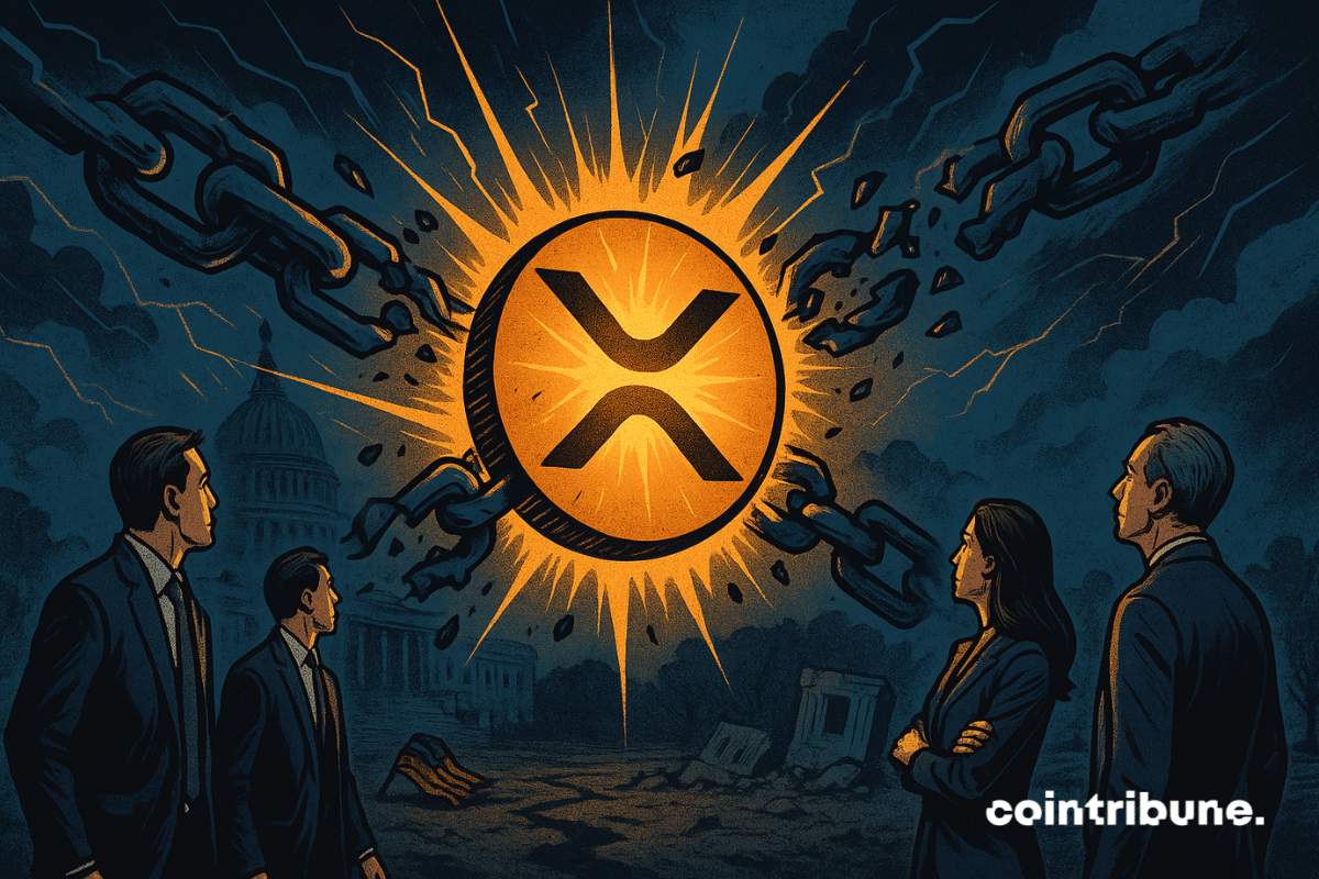 O logo do XRP, como um emblema metálico brilhante levemente rachado no centro, está cercado por pedaços de correntes em pleno voo. Investidores de cripto o observam atentamente.