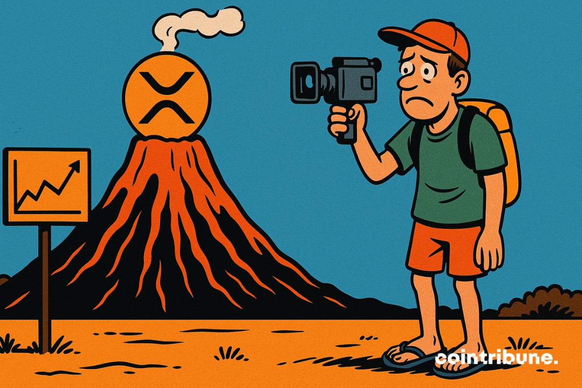 A volcano is stylized with the XRP logo at the top. A crypto investor in flip-flops records an eruption, but nothing happens.