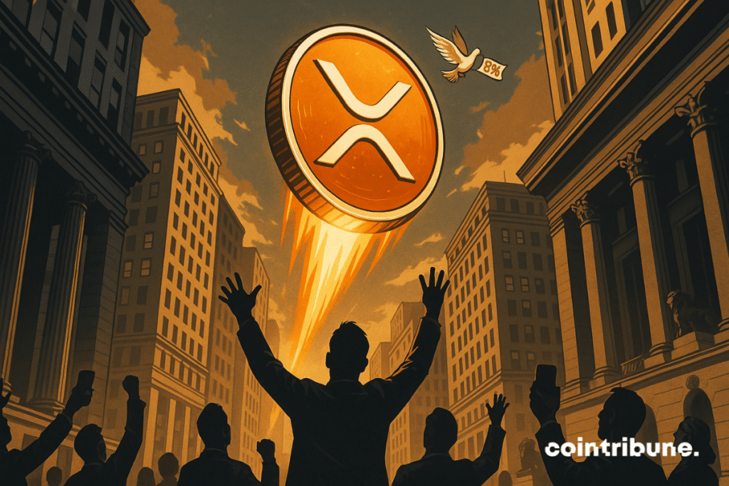 Une pièce géante de la crypto XRP s’élève au-dessus de Wall Street.