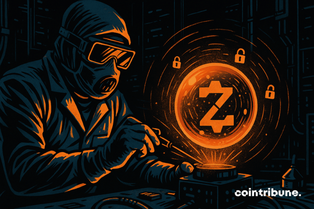 A representative from ECC is making precise adjustments using laser or tactile tools. A translucent, high-tech sphere floats in front of him, emitting an orange light. At its core, an abstract geometric shape subtly evokes the Zcash logo.