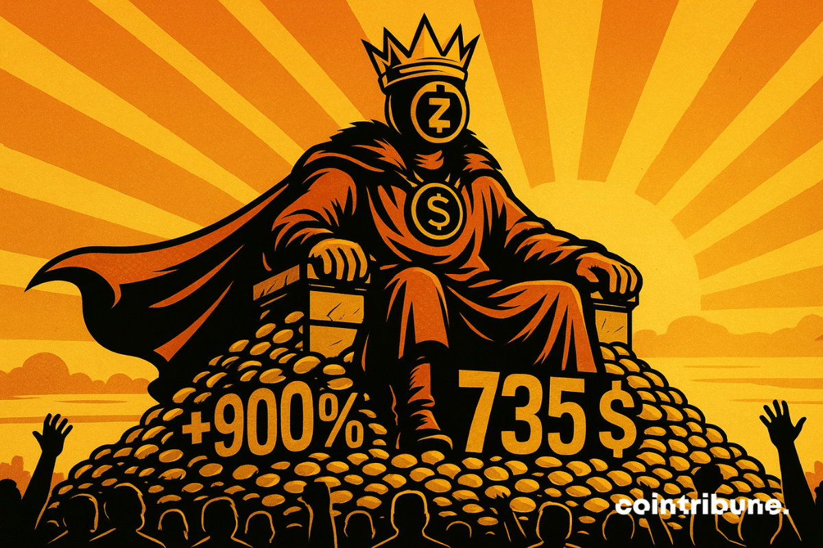Zcash sits on a crypto throne atop a mountain of golden coins. The numbers “5” and “+900%” are engraved into the throne.