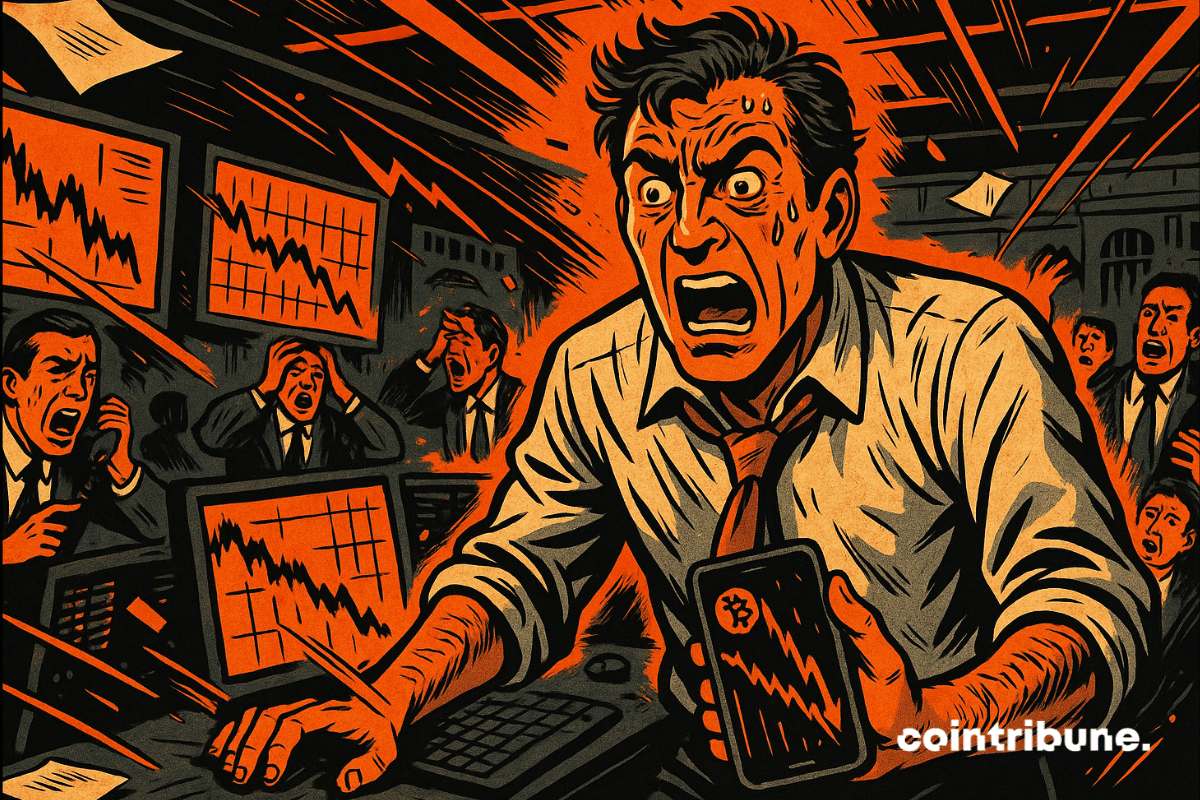 A panicked trader clutches a phone with crashing crypto charts as chaos unfolds on the trading floor.