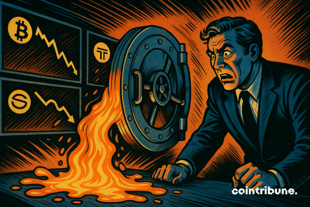 A shocked investor watches a vault spill glowing orange capital while screens behind him show Bitcoin, stablecoin, and DAT prices falling in a dramatic comic-book style.