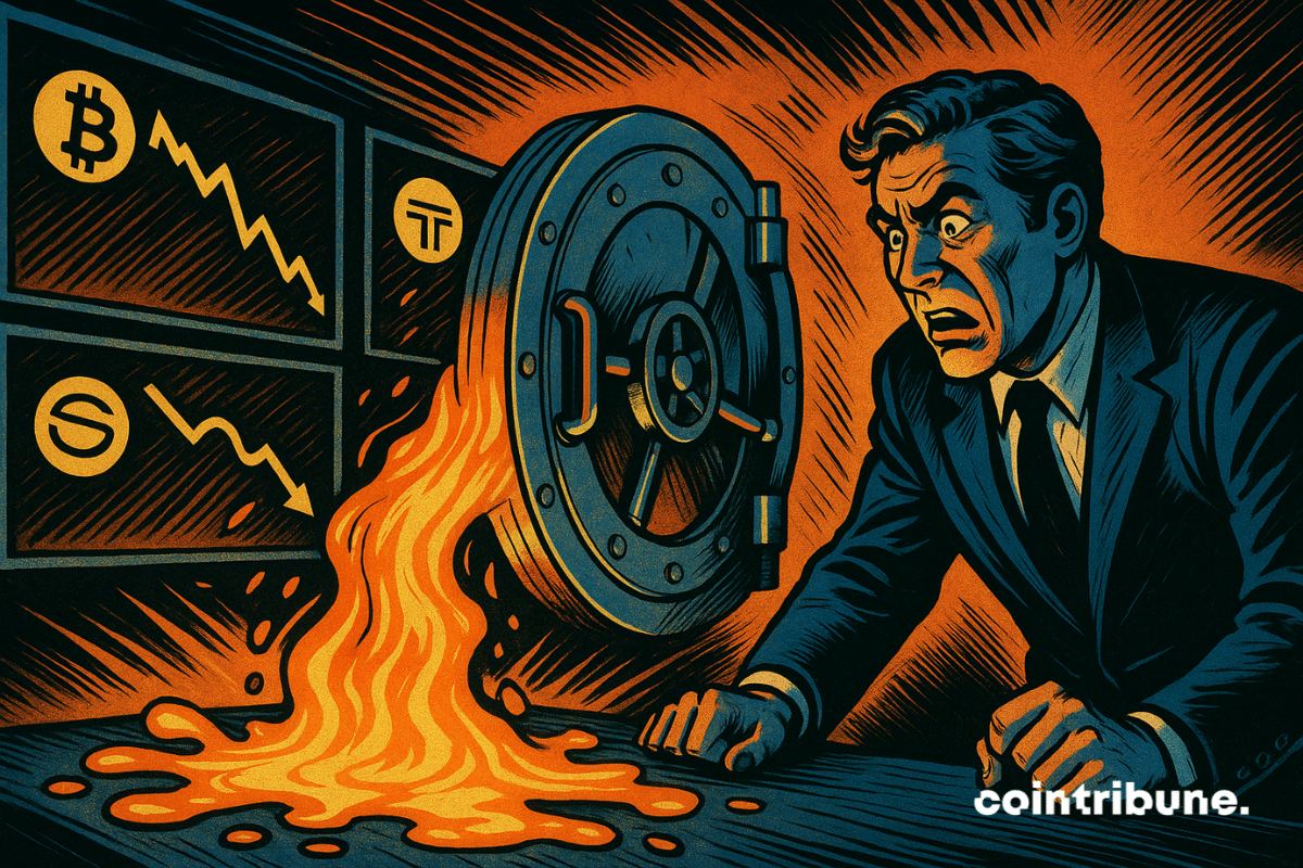 A shocked investor watches a vault spill glowing orange capital while screens behind him show Bitcoin, stablecoin, and DAT prices falling in a dramatic comic-book style.