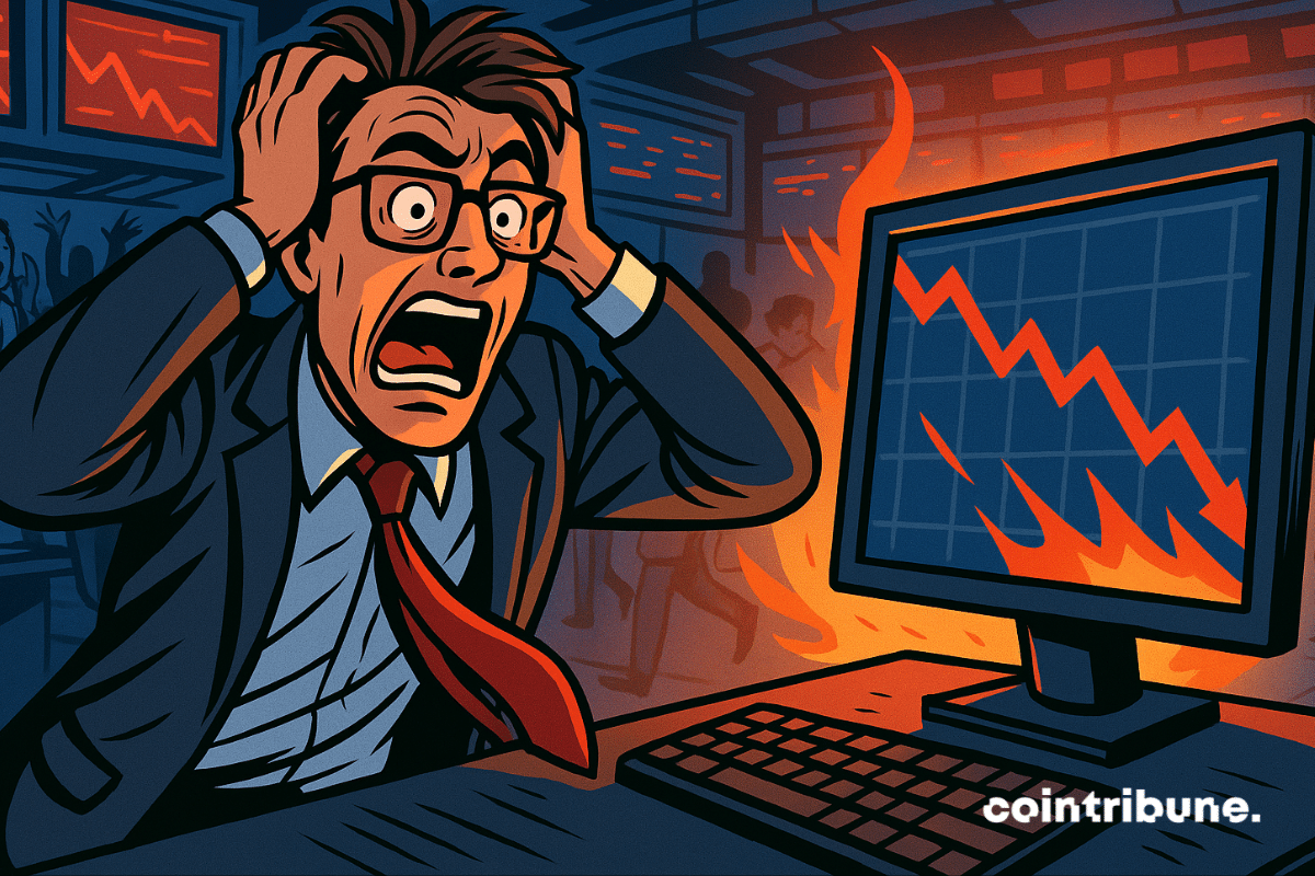 Frantic trader panicking in front of crashing crypto stock chart, chaos erupting around him.