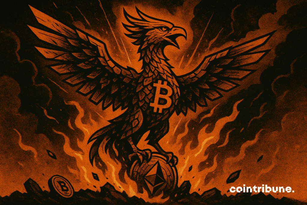 A comic-style phoenix with a Bitcoin symbol on its chest rises from bright orange flames, spreading its wings over a smoky, chaotic landscape filled with broken crypto coins.