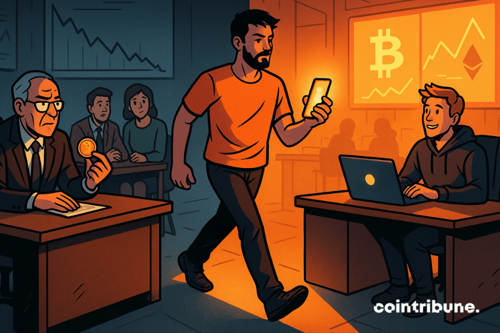 Un jeune investisseur passe d’anciens conseillers traditionnels à un conseiller favorable aux cryptos dans une scène de bureau scindée.