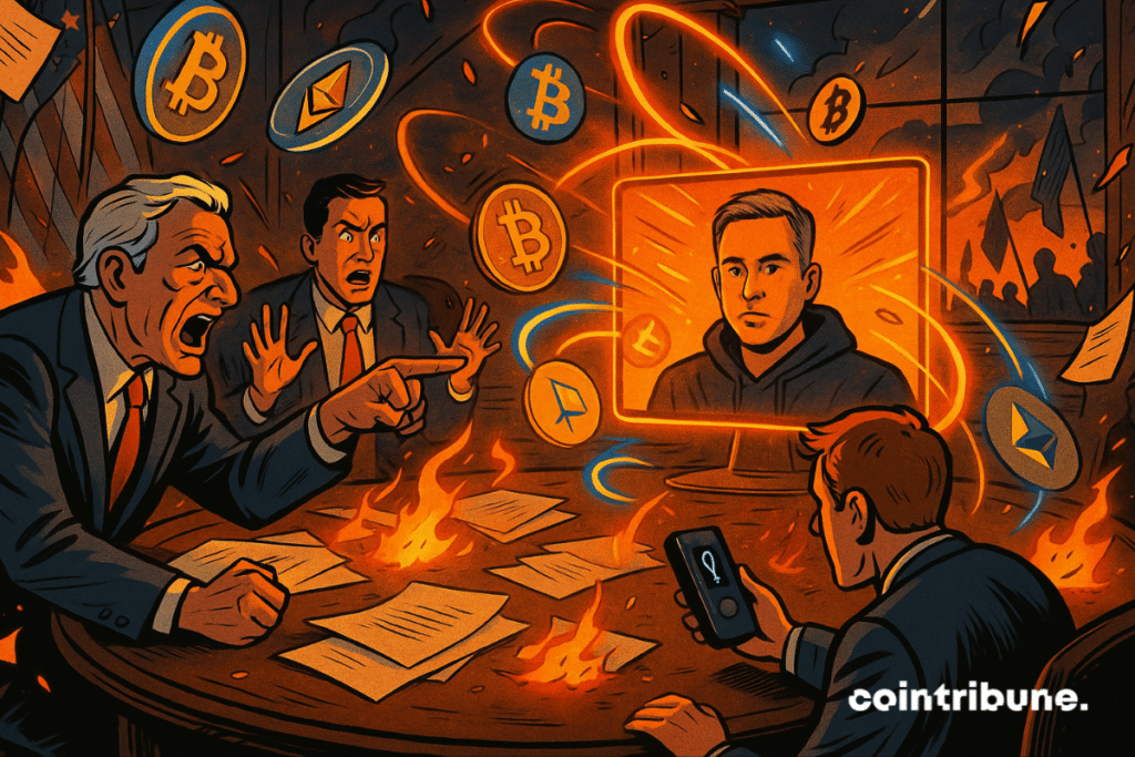 Les sénateurs débattent d'un projet de loi sur les cryptomonnaies tandis qu'un hologramme de David Sacks apparaît au milieu d'un chaos incandescent.