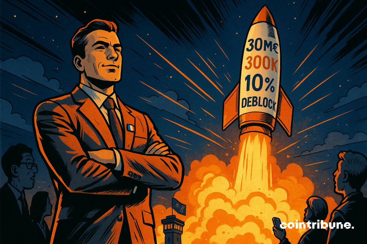 Un entrepreneur confiant observe une fusée Deblock décoller, sous les regards admiratifs d'une foule, dans une nuit éclairée d’orange.