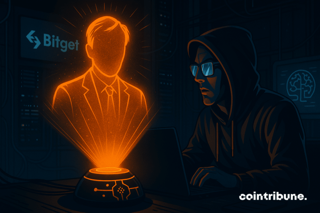 Un hacker fasciné observe un hologramme orange de Satoshi projeté par une IA Bitget, dans un laboratoire futuriste sombre.