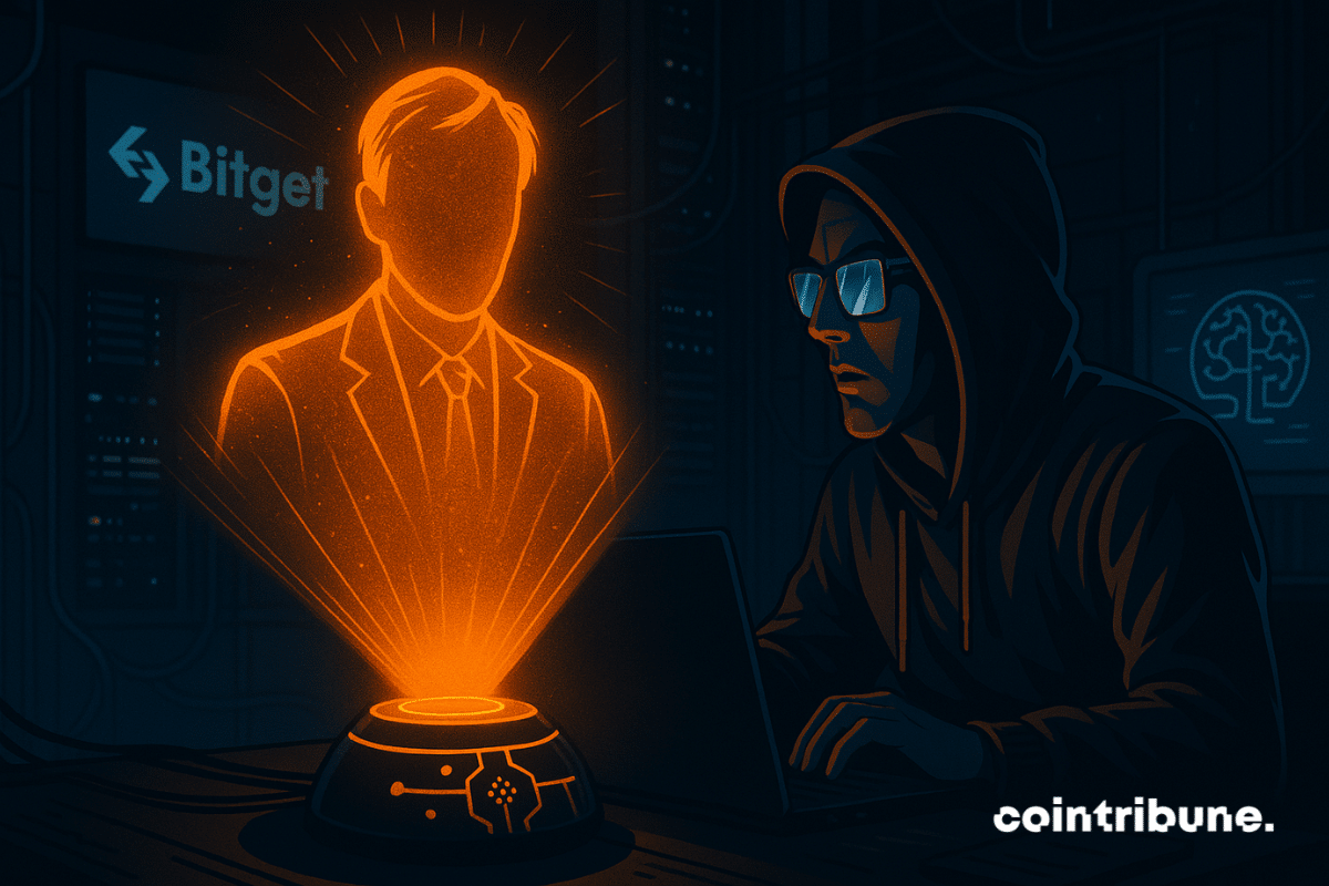 Un hacker fasciné observe un hologramme orange de Satoshi projeté par une IA Bitget, dans un laboratoire futuriste sombre.