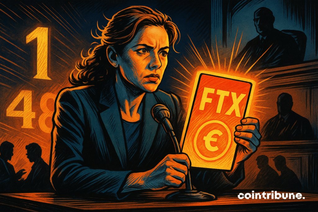 La exfiscal estadounidense Danielle Sassoon testifica intensamente en la corte mientras sostiene un panel de pruebas luminoso de FTX, con la silueta de un juez proyectándose detrás de ella.