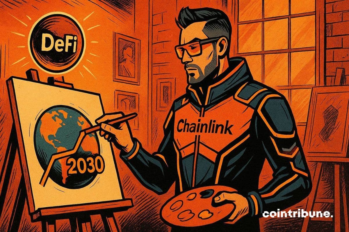 Chainlink qui trace une ligne sur un globe, marquant l’adoption de la DeFi en 2030.