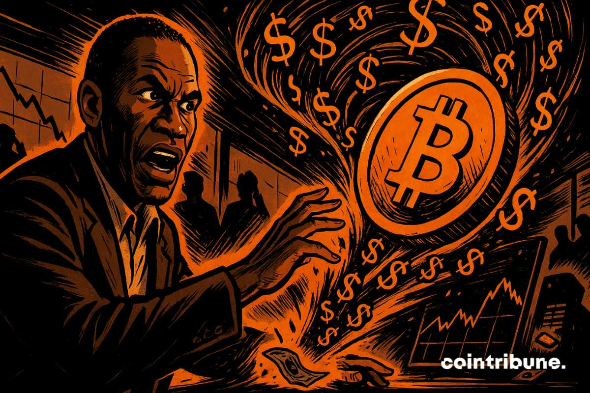 Illustration dramatique montrant Arthur Hayes observant un Bitcoin aspiré par un vortex de dollars, ambiance comics années 70 intense orange.