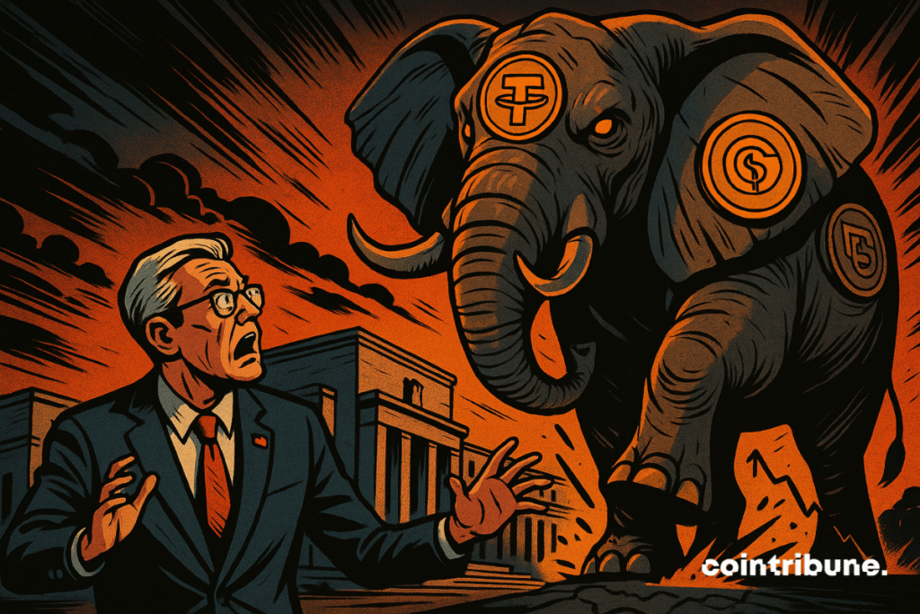 A terrified banker confronts a giant elephant made of stablecoins, crushing the steps of an institutional building. Dramatic atmosphere.