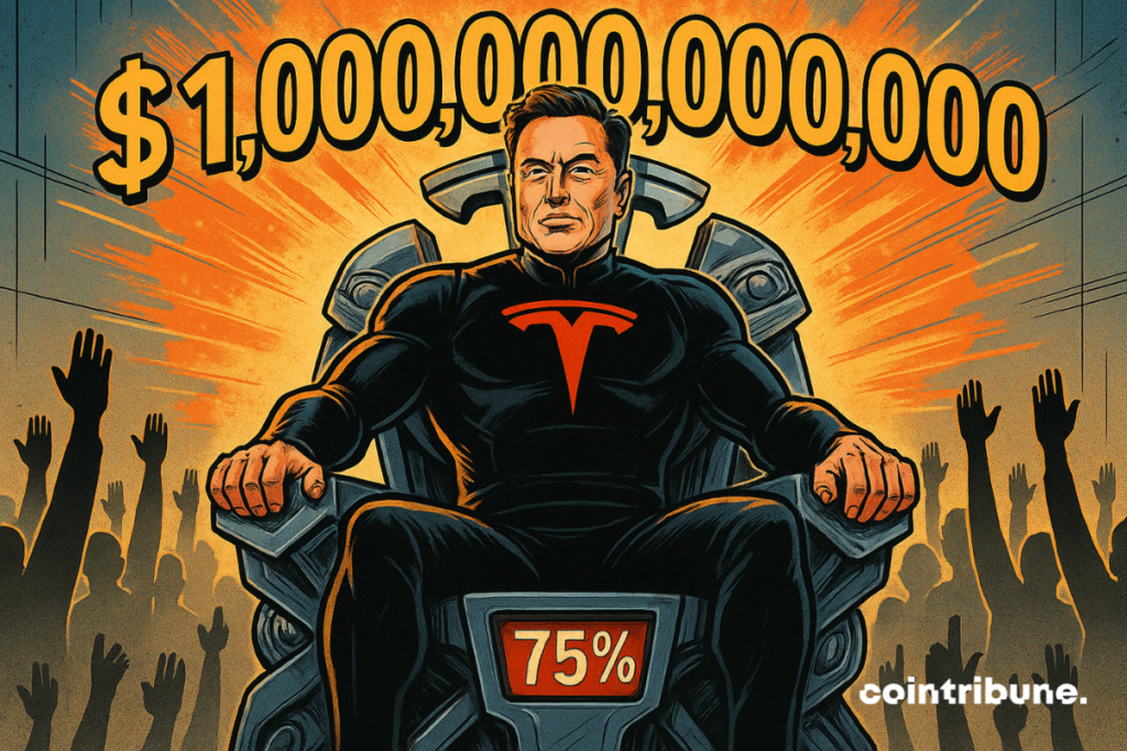 Elon Musk trône fièrement, en costume sombre, sur un siège futuriste Tesla, entouré de mains levées et d’éclats orange.