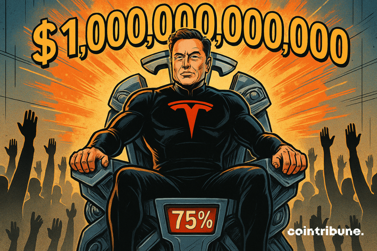 Elon Musk trône fièrement, en costume sombre, sur un siège futuriste Tesla, entouré de mains levées et d’éclats orange.