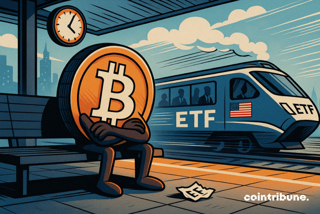 Un Bitcoin enfurruñado se sienta solo en un andén, viendo partir un tren de ETFs casi vacío, un símbolo de recuperación ignorado.