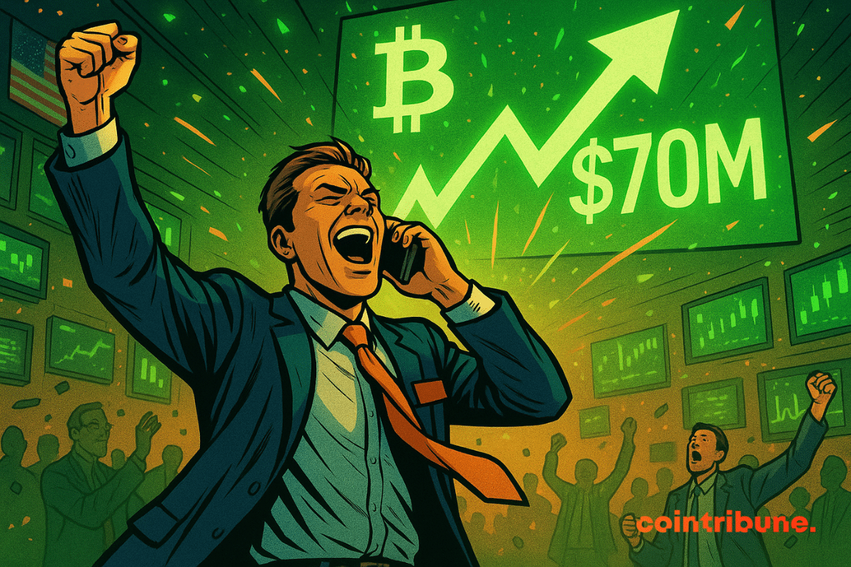 Un trader euphorique crie victoire au téléphone, devant un écran affichant 70M$ et un Bitcoin en forte hausse.