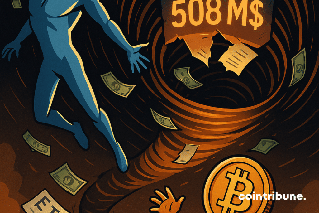 Ethereum y Bitcoin absorbidos por un vórtice financiero, 508 millones de dólares en ETF se desvanecen en un caos visual.