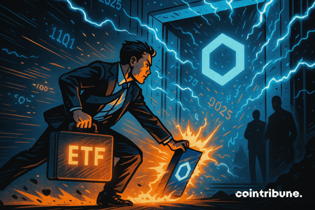 Un homme d'affaires au style comique pousse un étui ETF lumineux dans une porte électrifiée portant le symbole LINK.