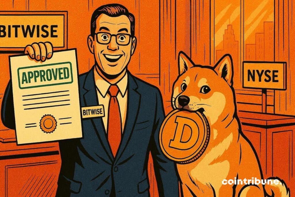 The head of Bitwise with a document from the NYSE approving the Dogecoin ETF.