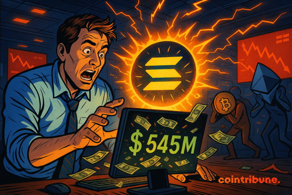 Un trader choqué découvre 545M$ sur Solana, tandis que Bitcoin et Ethereum s’effondrent dans une salle de marché chaotique.