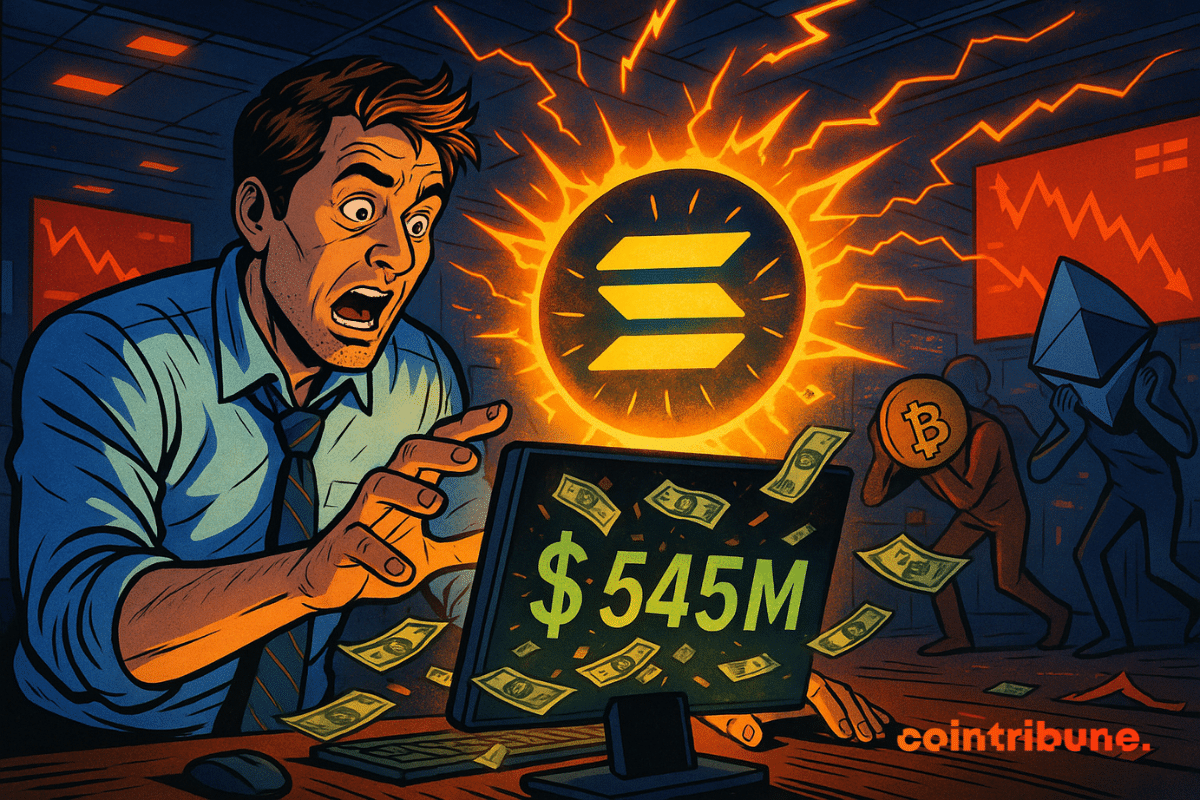 Un trader choqué découvre 545M$ sur Solana, tandis que Bitcoin et Ethereum s’effondrent dans une salle de marché chaotique.