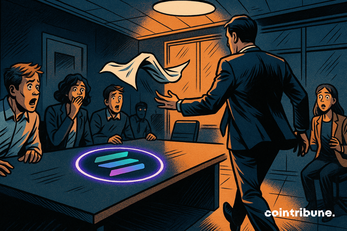 Un homme en costume quitte une réunion, jetant une serviette. Les investisseurs autour d’une table Solana réagissent, choqués.