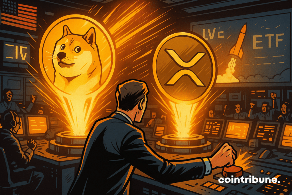 Comic-style scene of DOGE and XRP ETFs launching from a control room with orange glow.