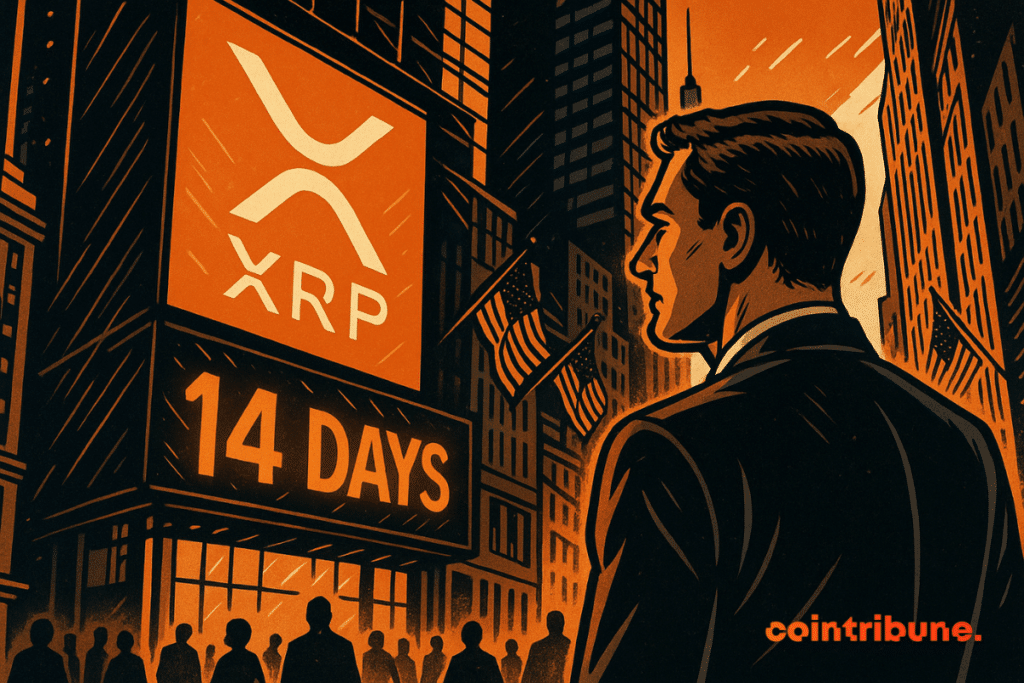A trader observes a huge XRP screen in Times Square, lit up in orange, evoking tension, anticipation and financial energy.