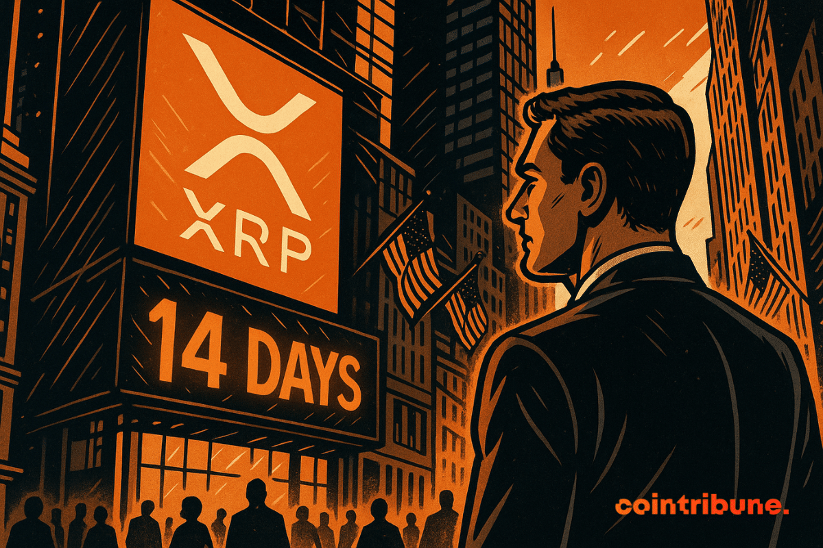Un trader observe un immense écran XRP à Times Square, éclairé d’orange, évoquant tension, anticipation et énergie financière.