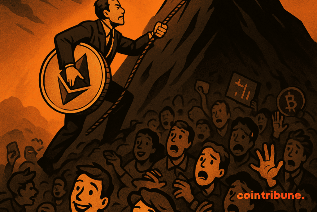 A trader climbs a mountain toward ,000, blocked by a crowd of disorganized crypto beginners.