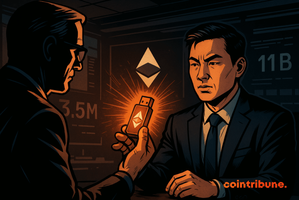 Chi Tsang recibe una brillante memoria USB de Ethereum de manos de Jonathan Bates en una habitación a oscuras, simbolizando un estratégico traspaso de poder.