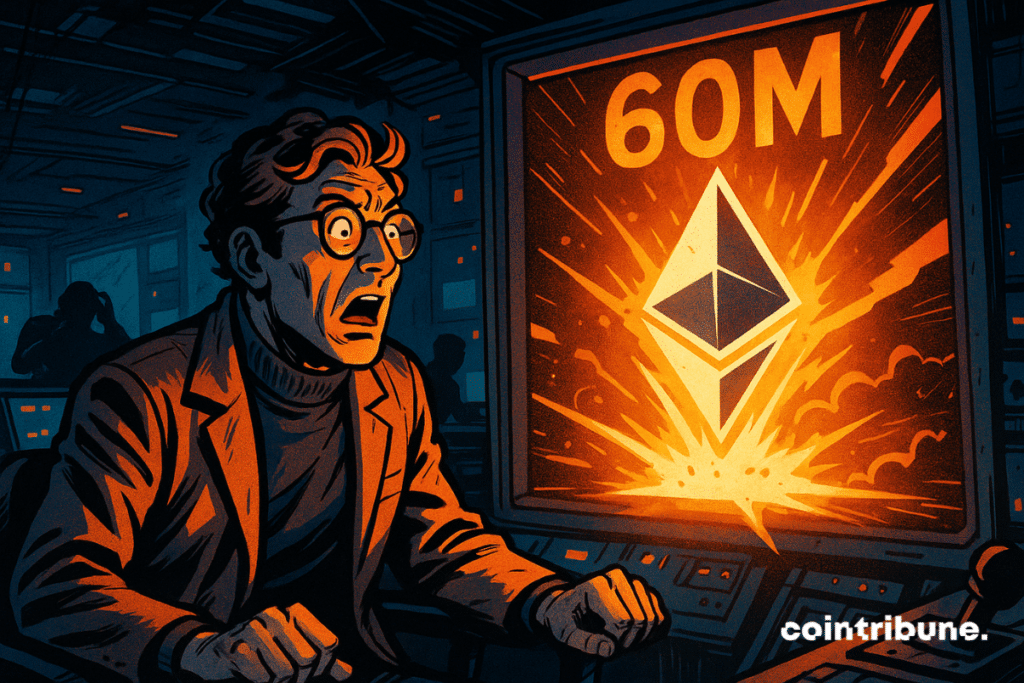 Un ingénieur stupéfait regarde un écran où le logo Ethereum explose sous la pression d’un chiffre lumineux : 60M.