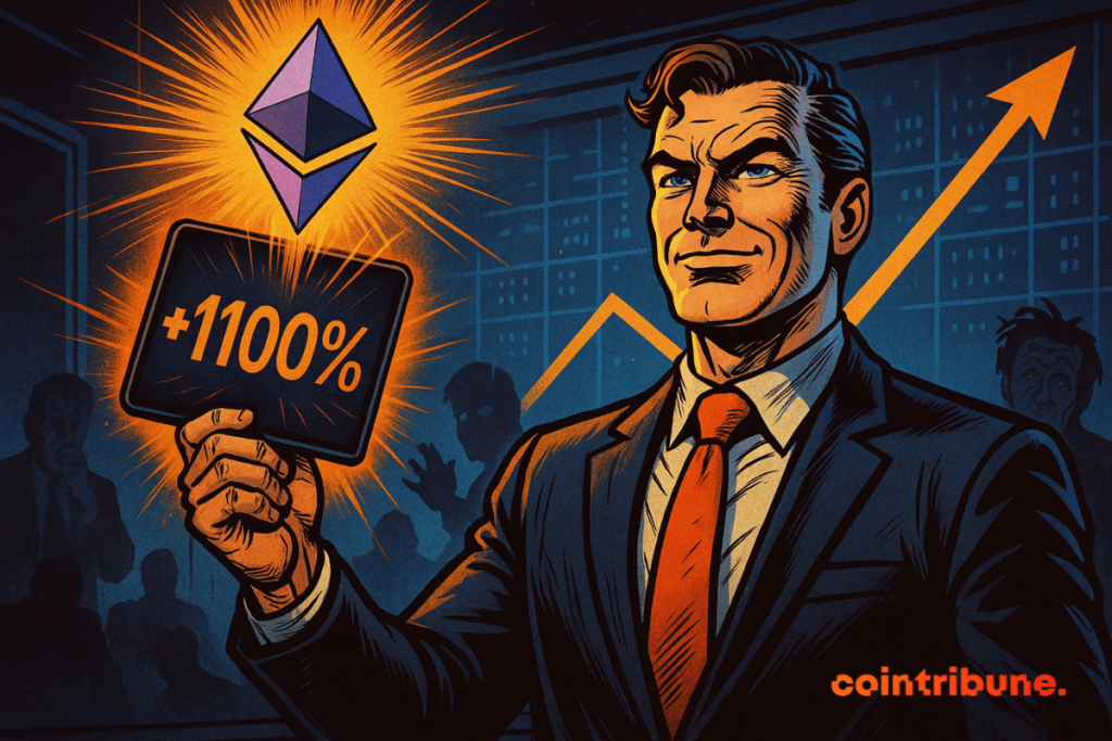 Un hombre seguro de sí mismo, vestido con traje, sostiene una tableta con la inscripción «+1100 %» bajo un logotipo luminoso de Ethereum, ante un fondo de traders atónitos.