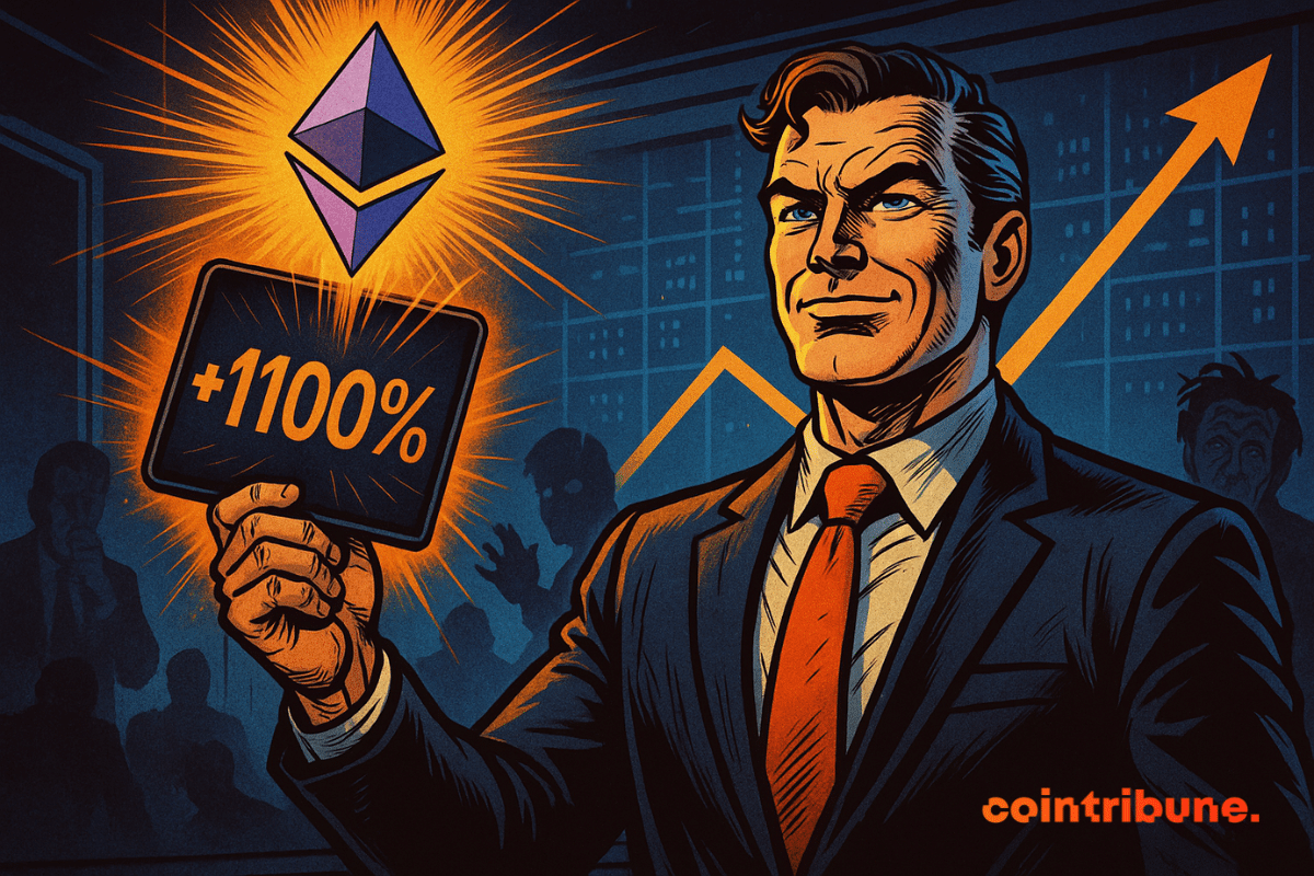 A confident man in a suit holds up a “+1100%” tablet under a bright Ethereum logo, in front of a backdrop of stunned traders.