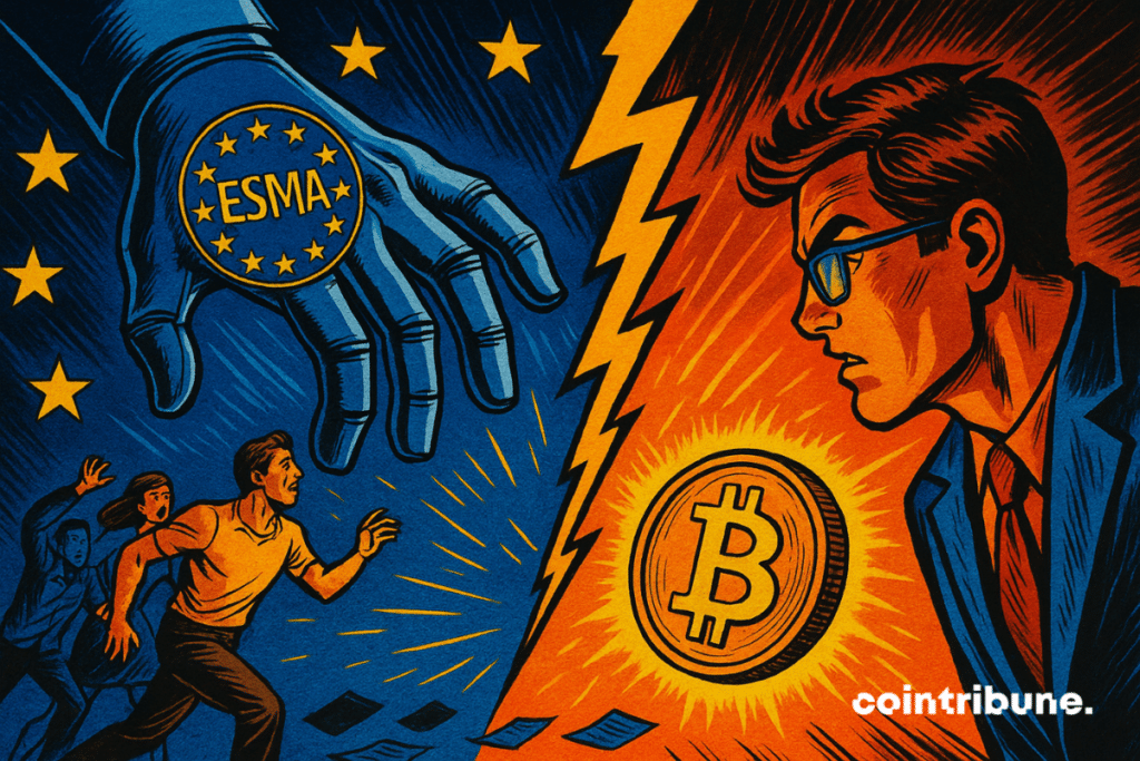 A comic-style image shows a giant EU hand labeled “ESMA” reaching toward running figures as a glowing Bitcoin coin and a man in a suit face it across a lightning divide.