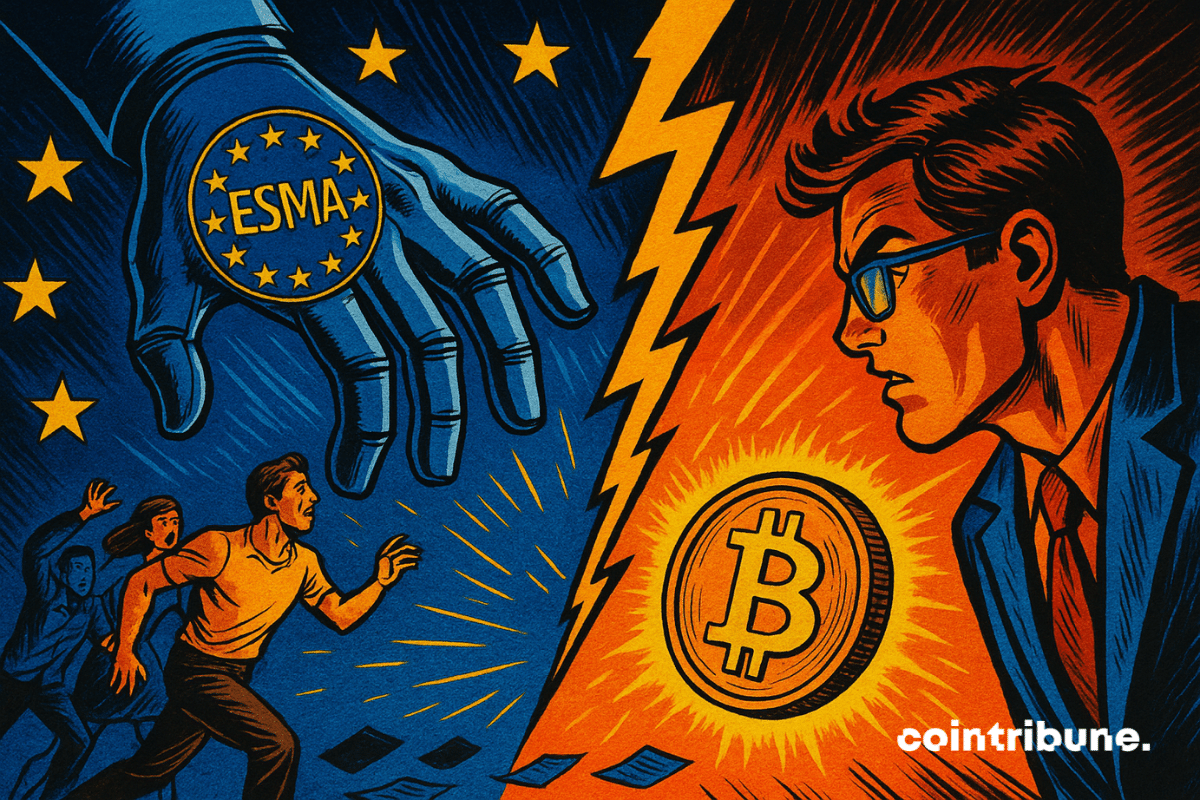 Una imagen de estilo cómic muestra una mano gigante de la UE con la etiqueta “ESMA” extendiéndose hacia unas figuras que corren, mientras una moneda de Bitcoin brillante y un hombre de traje la miran a través de una división iluminada por un rayo.