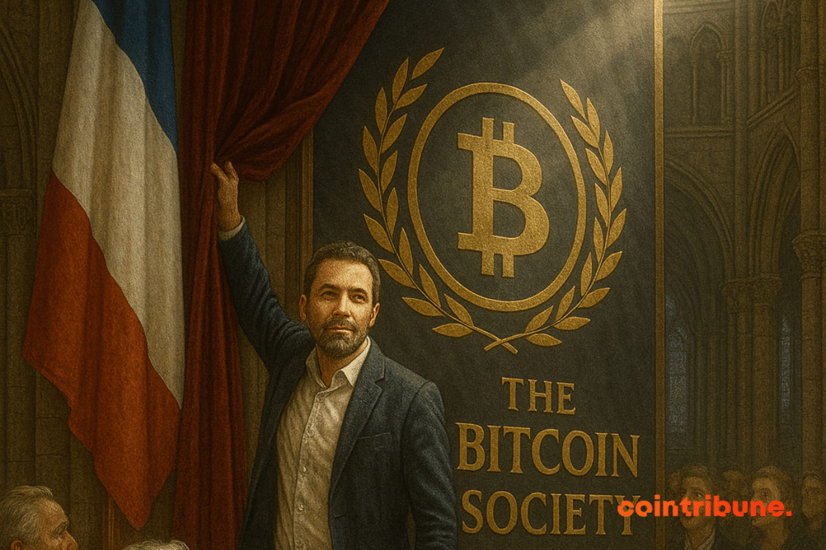 Éric Larchevêque revela solenemente “The Bitcoin Society” em uma catedral, misturando fé, tecnologia e símbolo nacional.