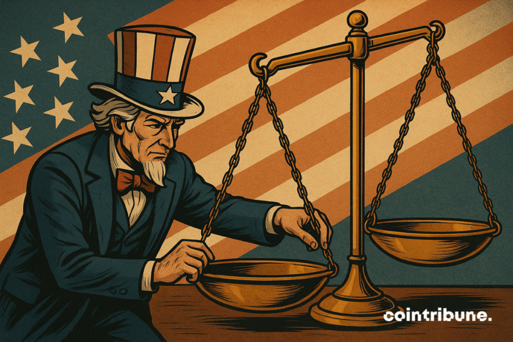 Une silhouette symbolique des États-Unis (Oncle Sam) ajuste les poids sur une balance en acier massive, ce qui symbolise la chute du déficit commercial.