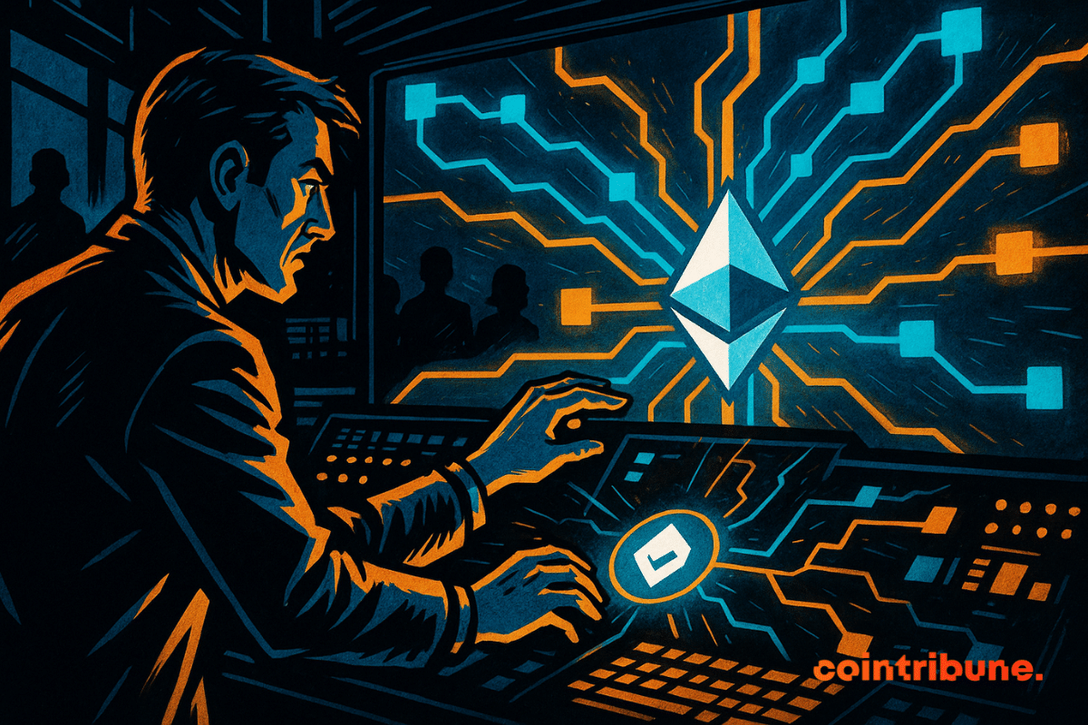 Um técnico em uma sala de controle escura conecta linhas brilhantes entre módulos L2 fragmentados em uma grande tela centrada em torno do símbolo brilhante da Ethereum.