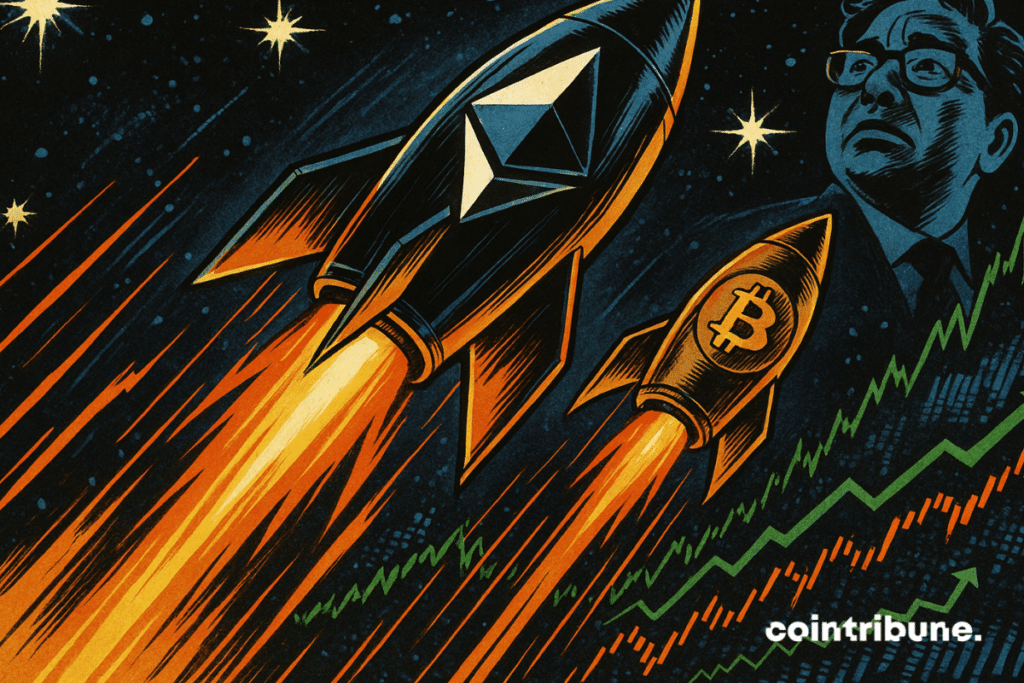 Ethereum rocket surges ahead of Bitcoin in a cosmic race, symbolizing a potential supercycle.