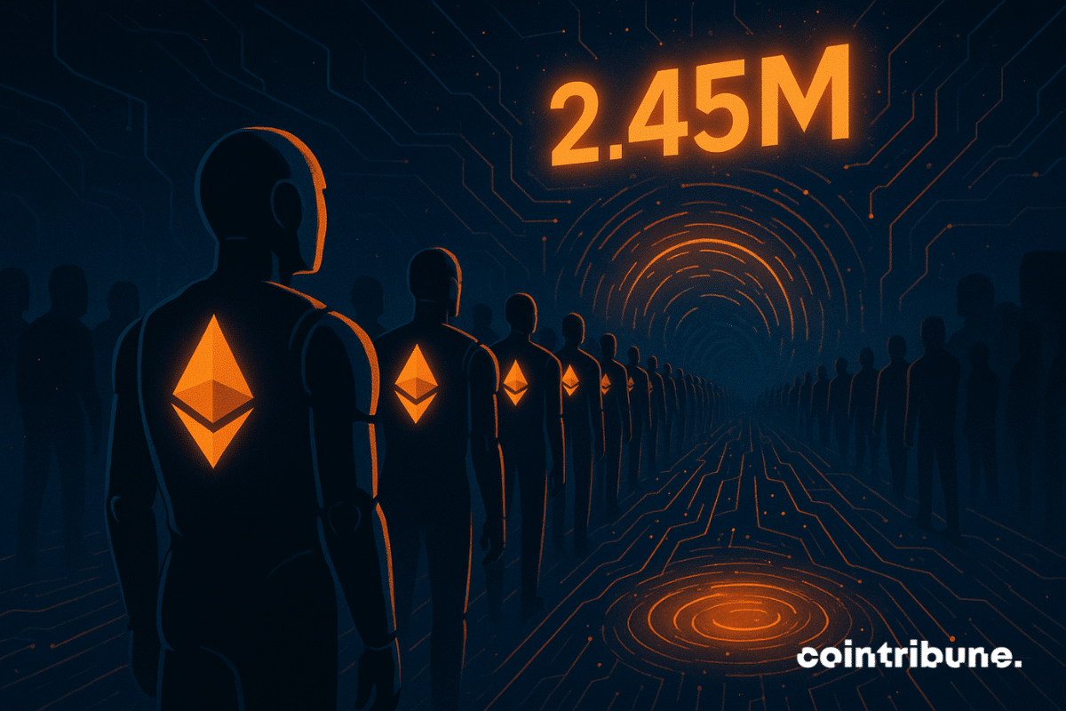 Une longue file de validateurs Ethereum humanoïdes arborant des symboles Ethereum orange lumineux attend devant un portail lumineux affichant « 2,45 millions » dans un tunnel numérique sombre.