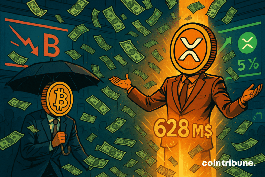 XRP triomphe au centre, baigné de lumière et d'argent, tandis que Bitcoin, sous un parapluie, subit la déroute visuelle.
