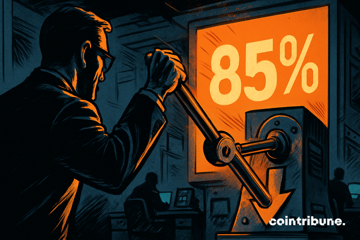 Un banquier de la Fed abaisse une manette marquée d’une flèche vers le bas, un écran montre « 85 % », ce qui symbolise une possible baisse des taux.