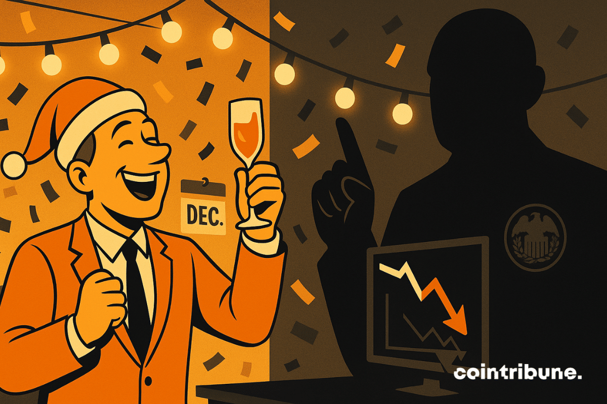 A trader holding a glass of champagne is about to make a toast in front of a looming shadow of the Fed cast on the wall, finger raised in warning — a symbol of caution over a potential rate cut in December.